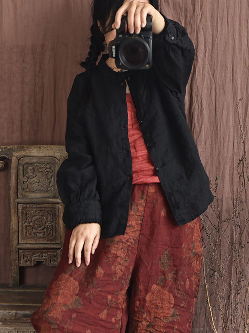Autumn Button Raw-edge Linen Blouse Ai1044