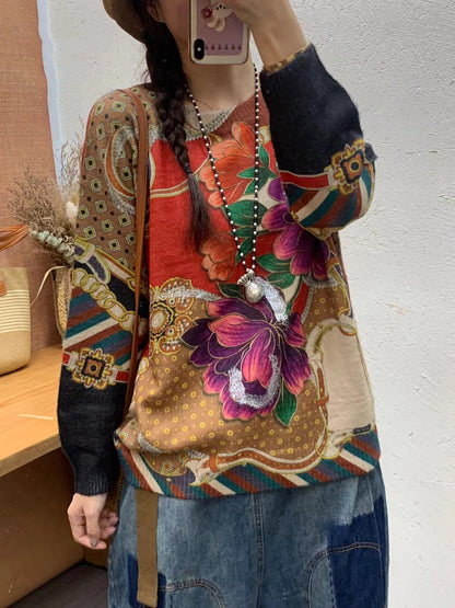 Autumn Artsy Flower O-neck Knit Sweater Ai1072