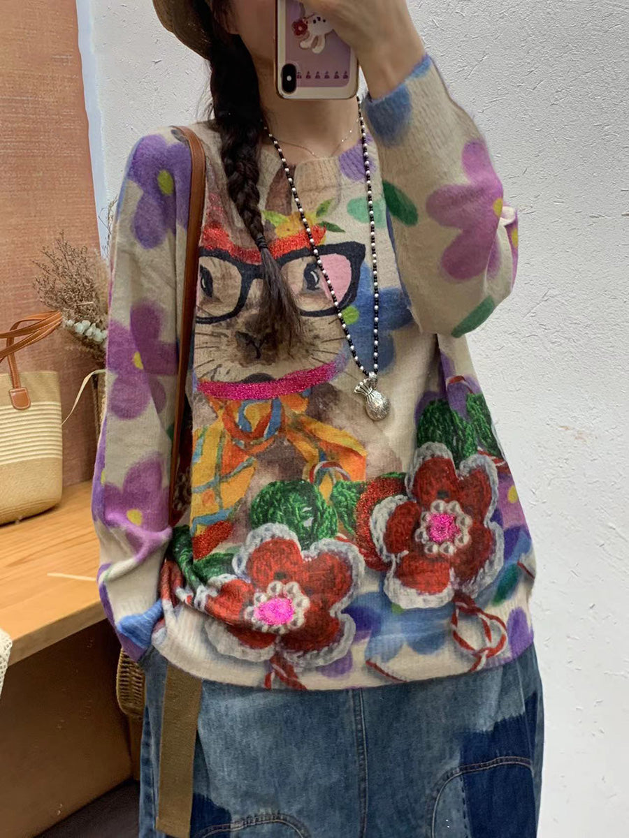 Autumn Artsy Flower O-neck Knit Sweater Ai1072