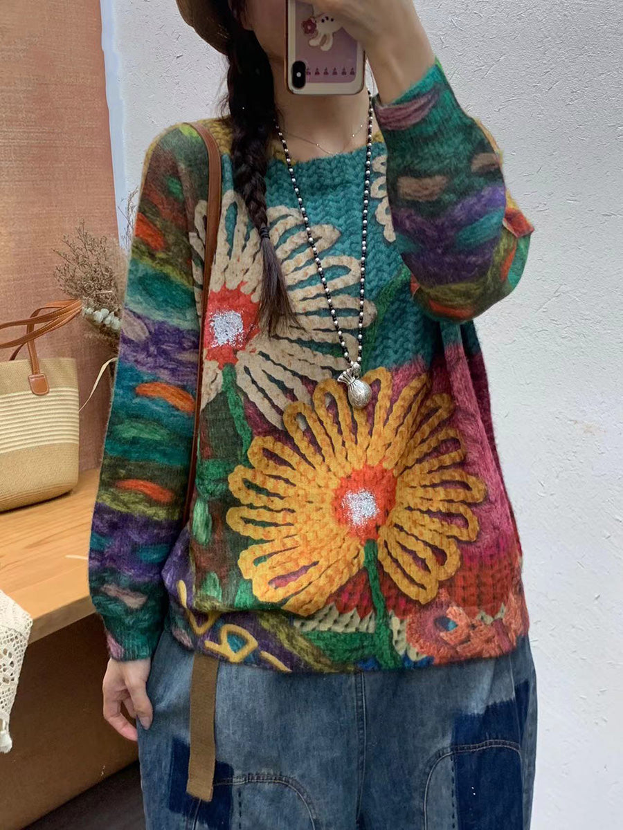 Autumn Artsy Flower O-neck Knit Sweater Ai1072