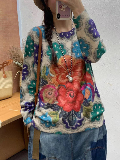 Autumn Artsy Flower O-neck Knit Sweater Ai1072