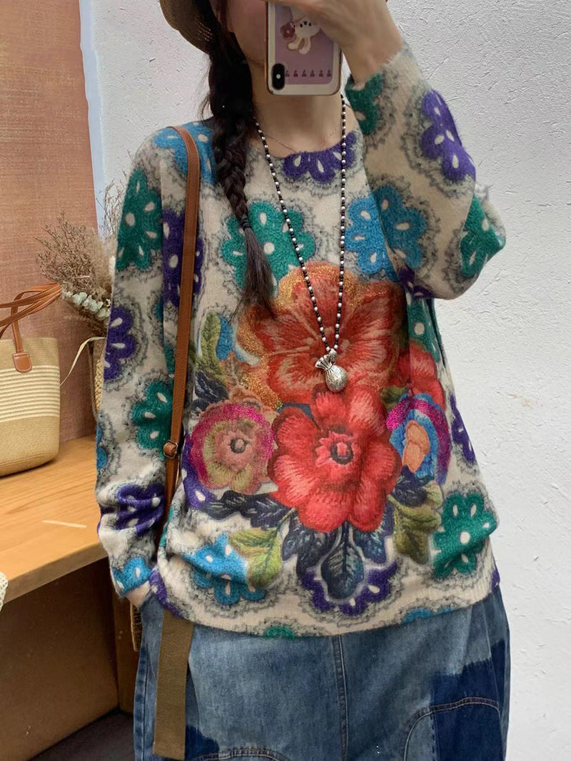 Autumn Artsy Flower O-neck Knit Sweater Ai1072