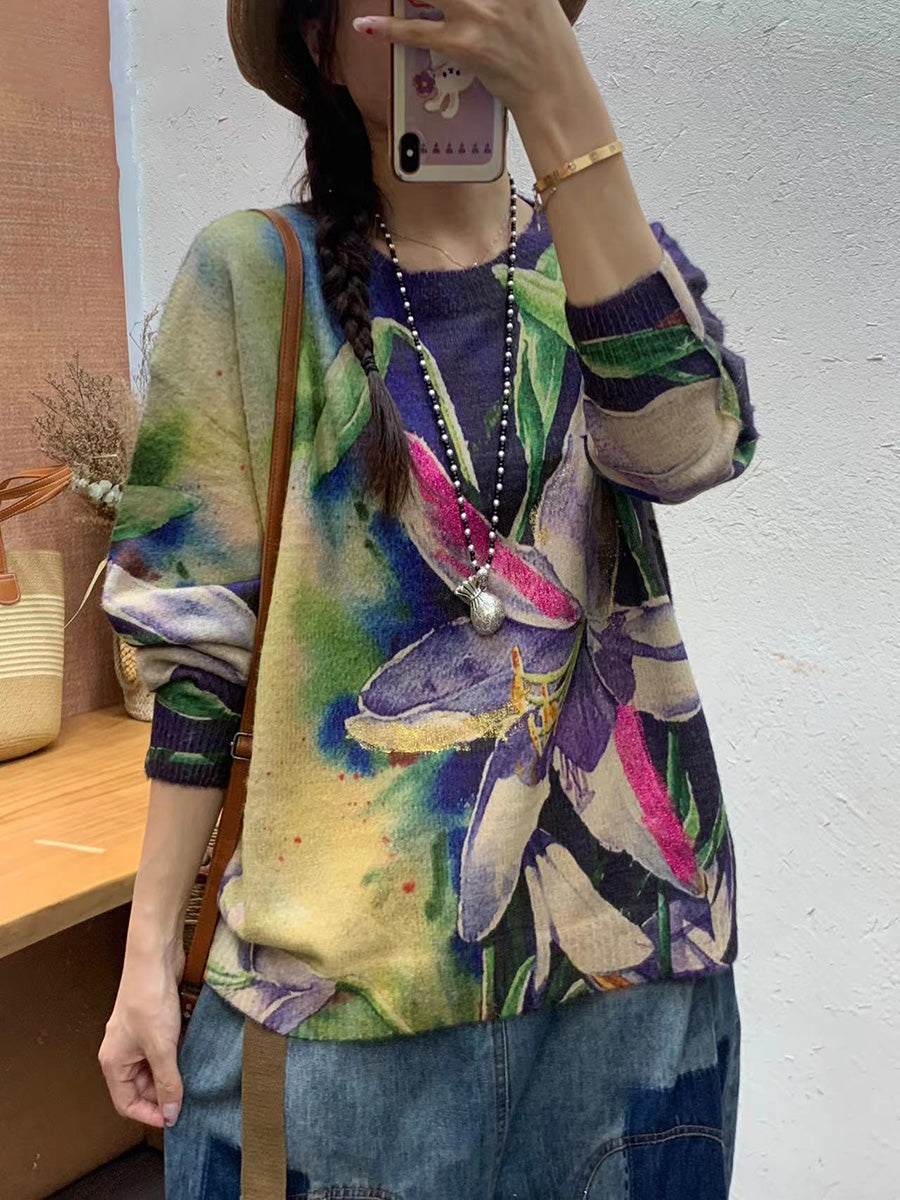 Autumn Artsy Flower O-neck Knit Sweater Ai1072