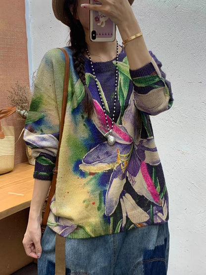 Autumn Artsy Flower O-neck Knit Sweater Ai1072
