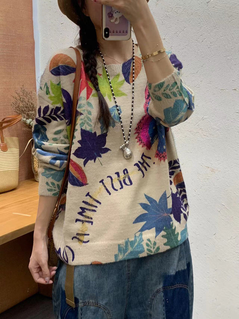Autumn Artsy Flower O-neck Knit Sweater Ai1072