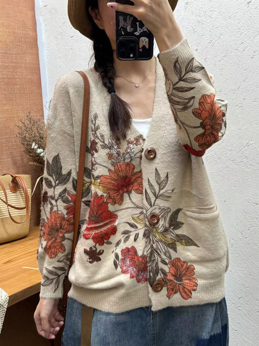 Autumn Flower Spliced V-neck Knit Cardigan Sweater Ai1055
