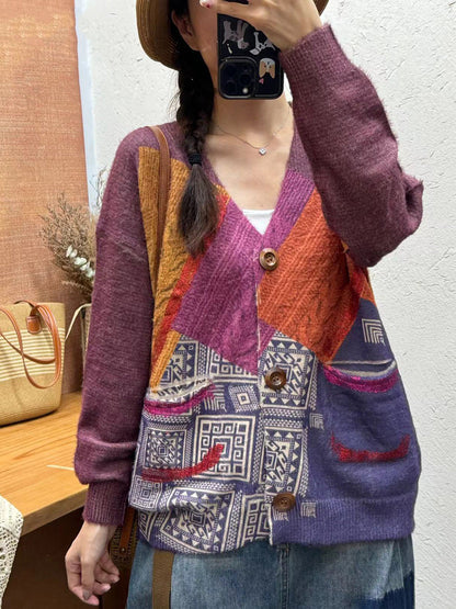 Autumn Flower Spliced V-neck Knit Cardigan Sweater Ai1055