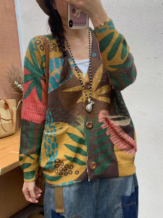 Autumn Flower Spliced V-neck Knit Cardigan Sweater Ai1055