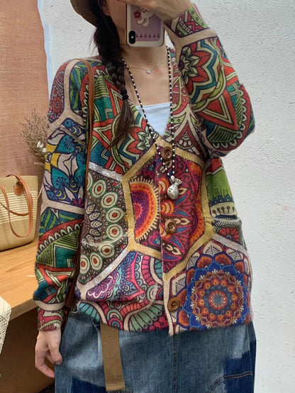 Autumn Flower Spliced V-neck Knit Cardigan Sweater Ai1055