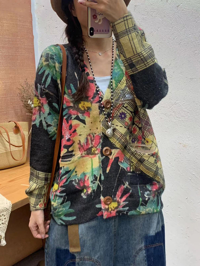 Autumn Flower Spliced V-neck Knit Cardigan Sweater Ai1055