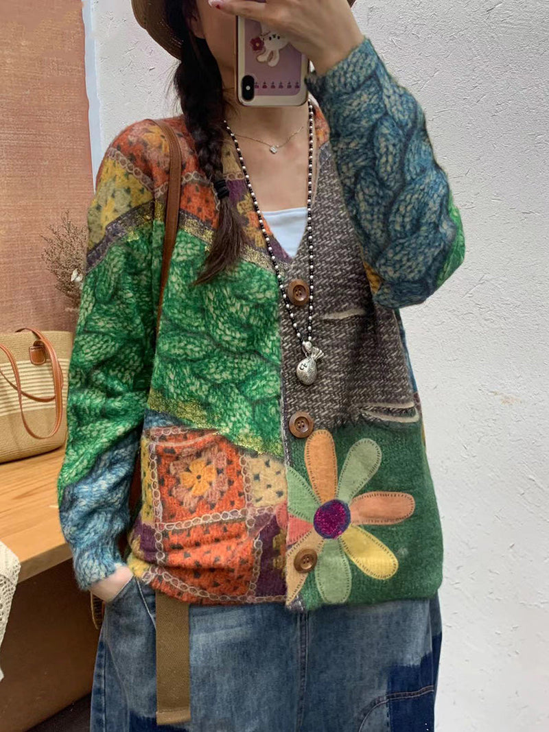 Autumn Flower Spliced V-neck Knit Cardigan Sweater Ai1055