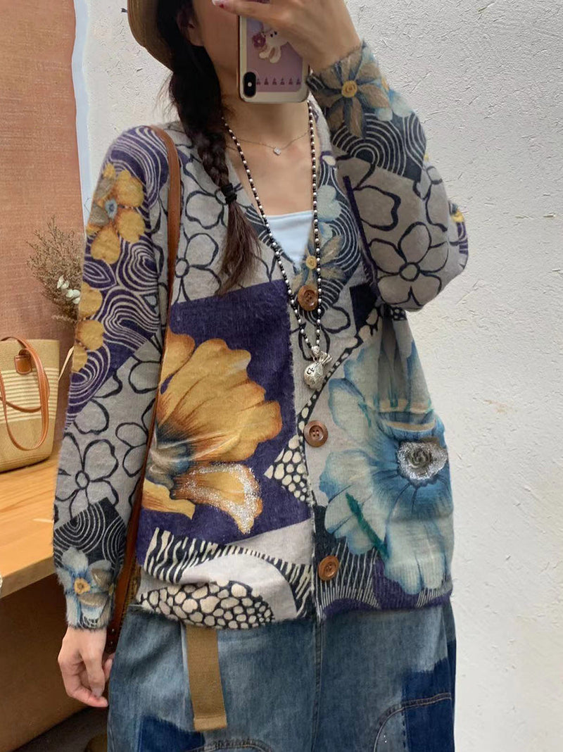 Autumn Flower Spliced V-neck Knit Cardigan Sweater Ai1055