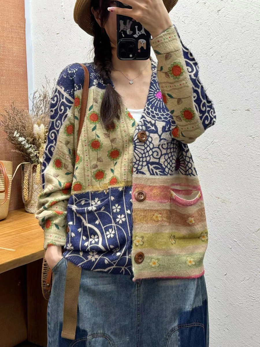Autumn Flower V-neck Knit Cardigan Sweater Ai1035