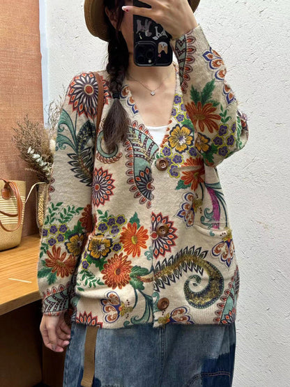 Autumn Flower V-neck Knit Cardigan Sweater Ai1035