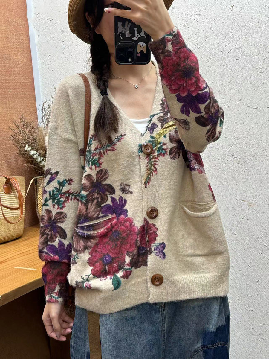 Autumn Flower V-neck Knit Cardigan Sweater Ai1035