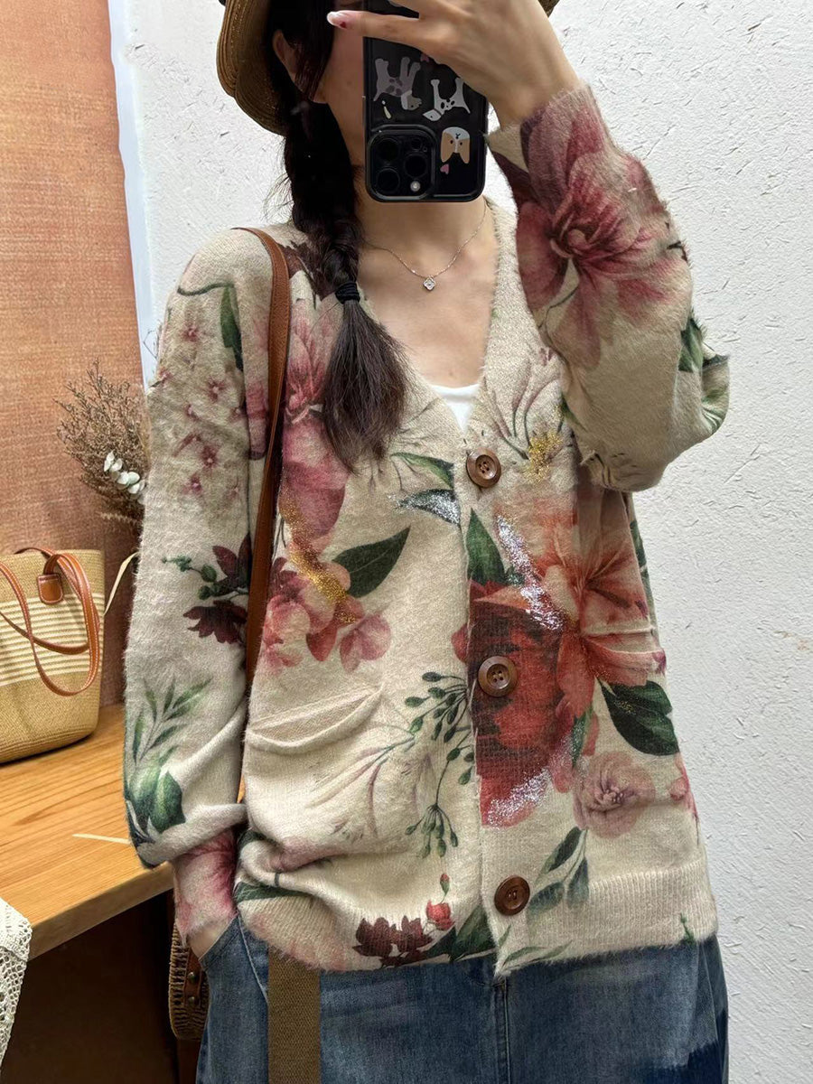 Autumn Flower V-neck Knit Cardigan Sweater Ai1035