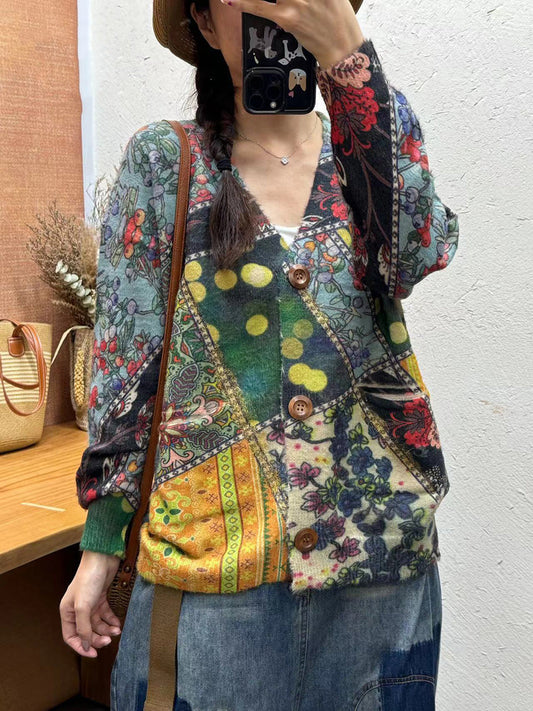 Autumn Flower V-neck Knit Cardigan Sweater Ai1035