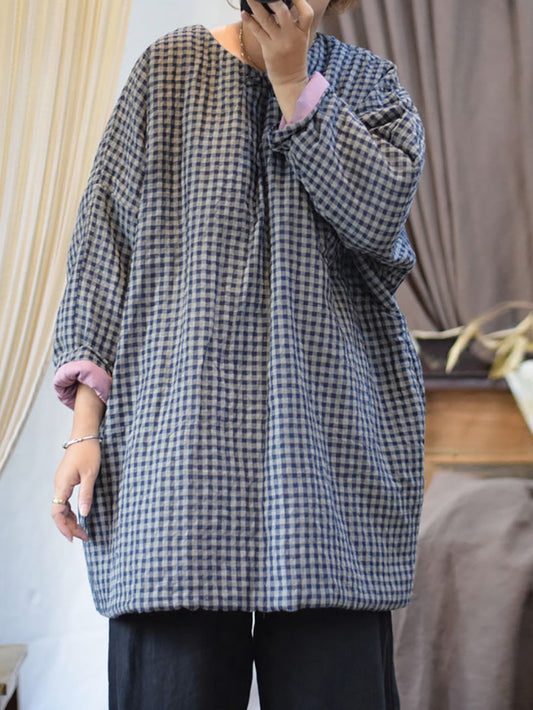 Autumn Plaid Button O-neck Linen Padded Coat Ai1059