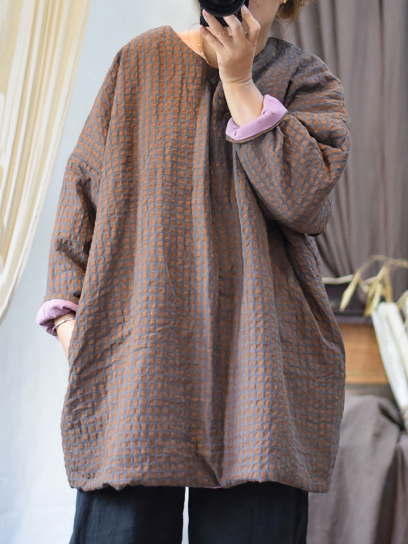 Autumn Plaid Button O-neck Linen Padded Coat Ai1059