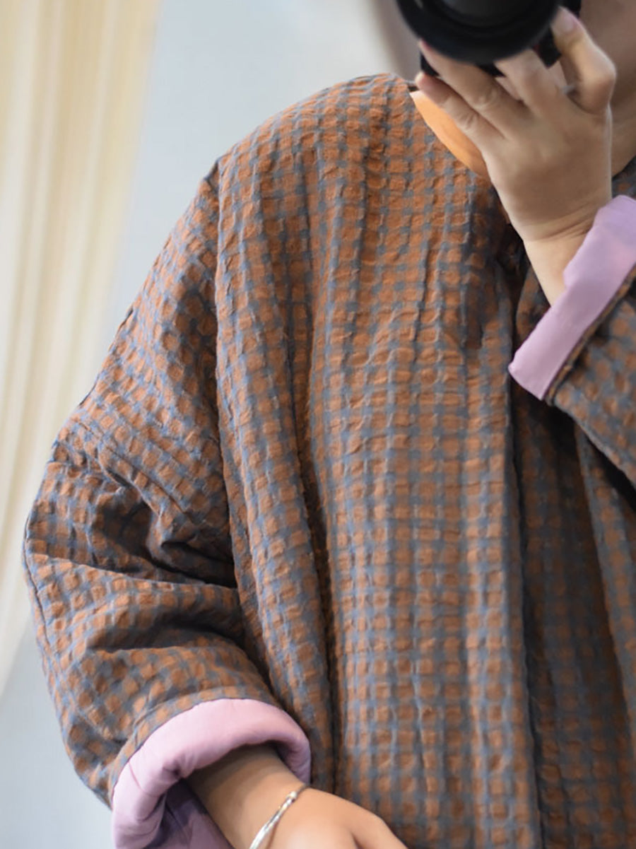 Autumn Plaid Button O-neck Linen Padded Coat Ai1059