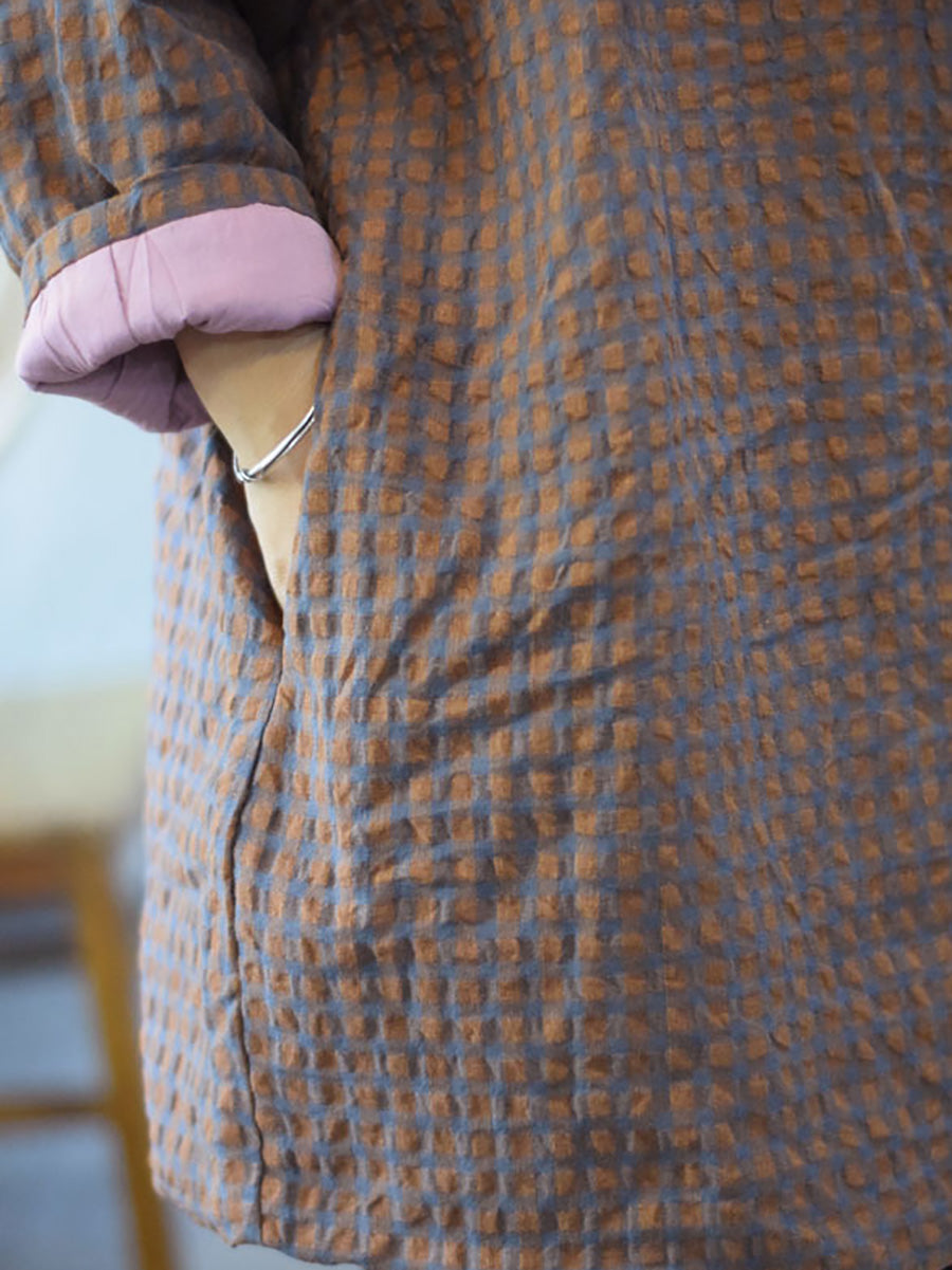 Autumn Plaid Button O-neck Linen Padded Coat Ai1059