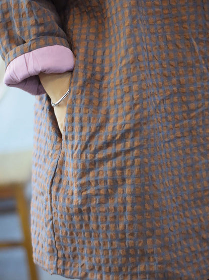 Autumn Plaid Button O-neck Linen Padded Coat Ai1059