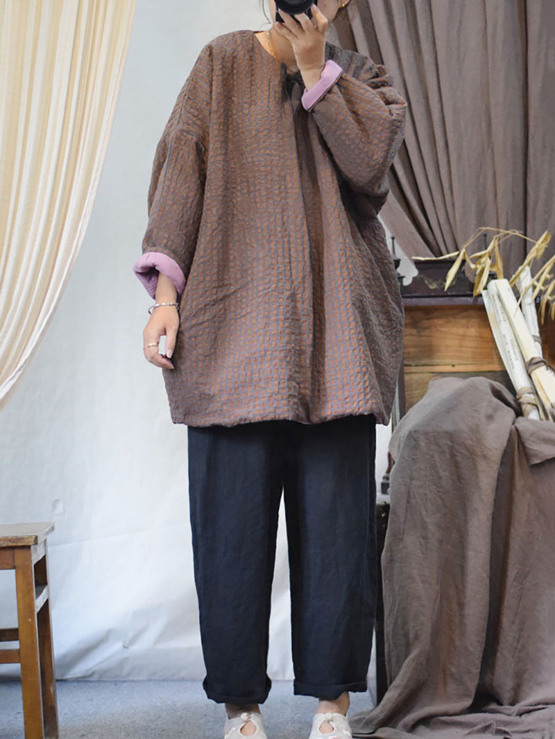 Autumn Plaid Button O-neck Linen Padded Coat Ai1059