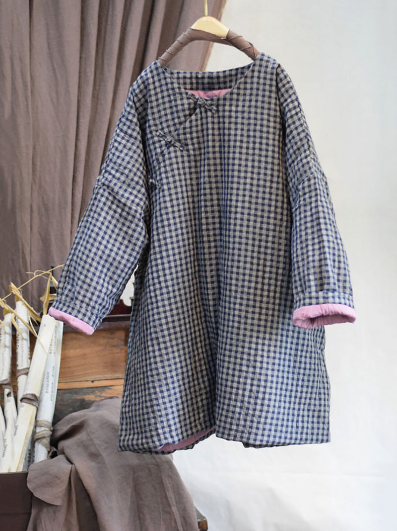 Autumn Plaid Button O-neck Linen Padded Coat Ai1059