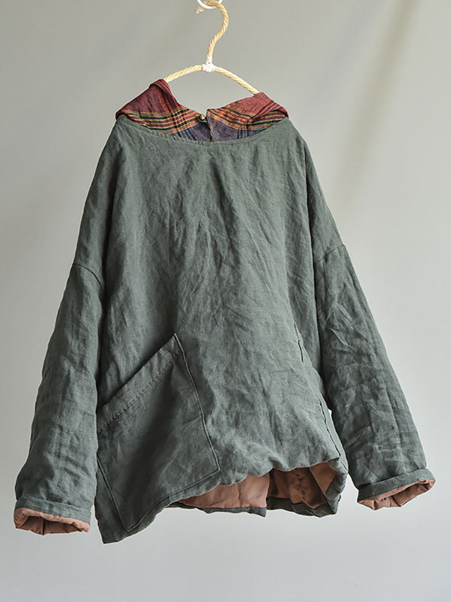 Winter Colorblock Hooded Linen Padded Coat At1094