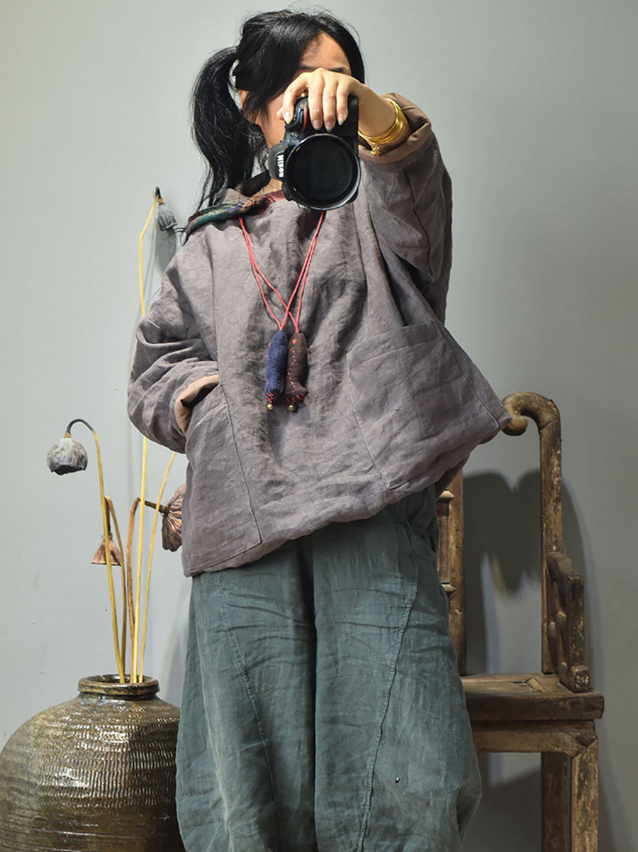 Winter Colorblock Hooded Linen Padded Coat At1094