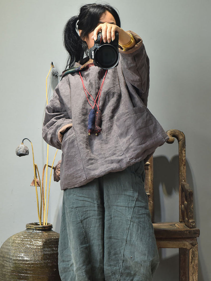 Winter Colorblock Hooded Linen Padded Coat At1094