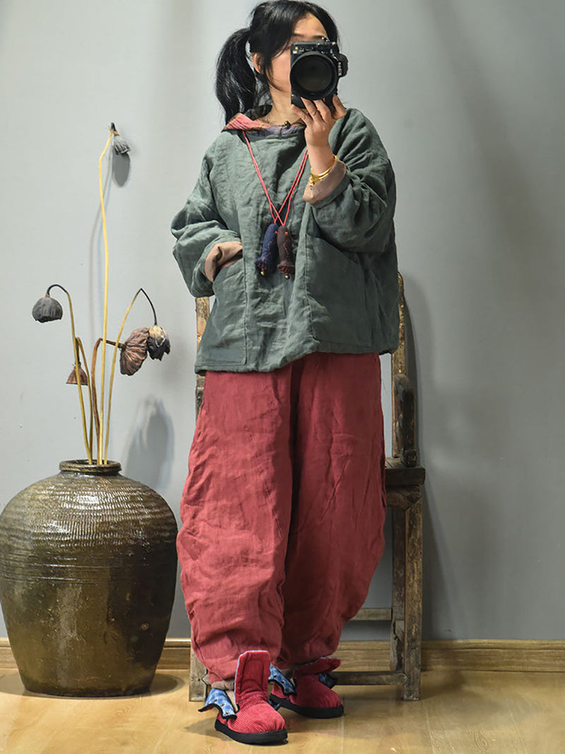 Winter Colorblock Hooded Linen Padded Coat At1094
