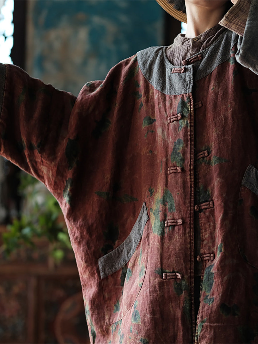 Autumn Flower Colorblock Linen Robe Coat Ai1060