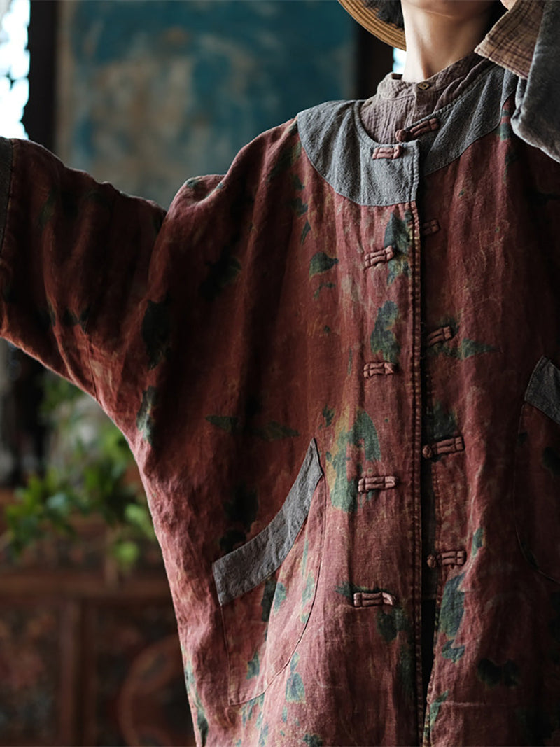 Autumn Flower Colorblock Linen Robe Coat Ai1060