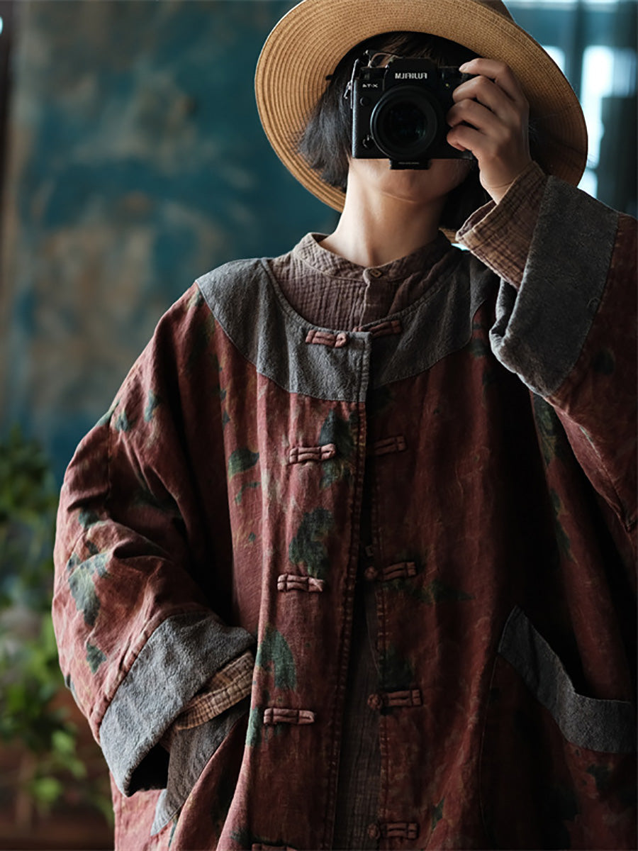 Autumn Flower Colorblock Linen Robe Coat Ai1060