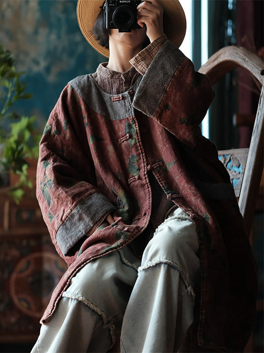 Autumn Flower Colorblock Linen Robe Coat Ai1060