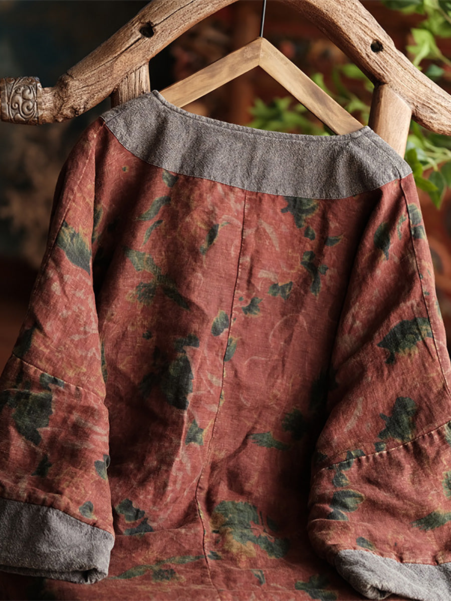 Autumn Flower Colorblock Linen Robe Coat Ai1060