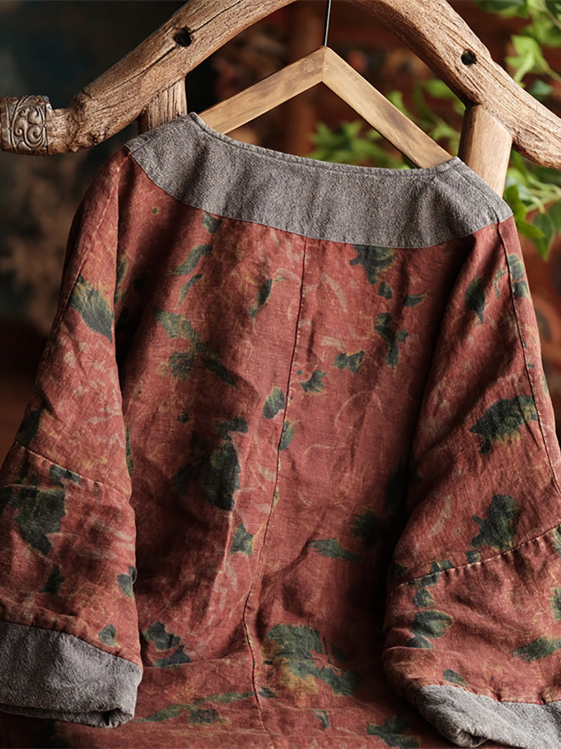 Autumn Flower Colorblock Linen Robe Coat Ai1060