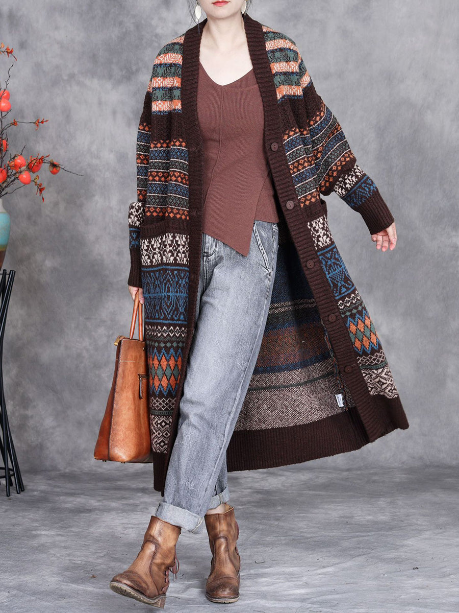 Autumn Stripe Button Wool Cardigan Coat Ai1003