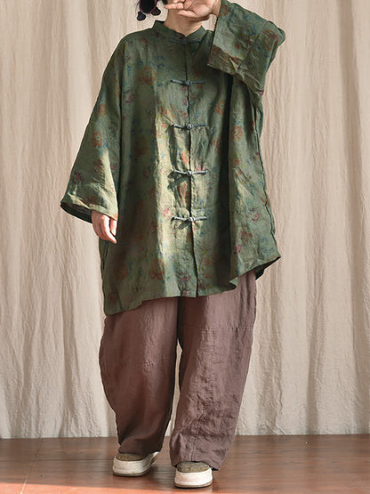 Button Stand Collar Linen Shirt Coat At1087