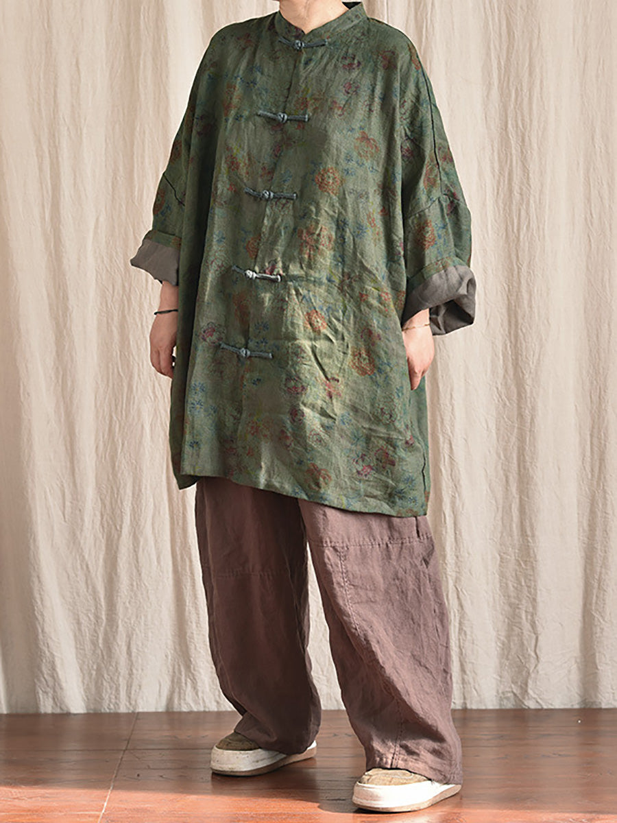 Button Stand Collar Linen Shirt Coat At1087