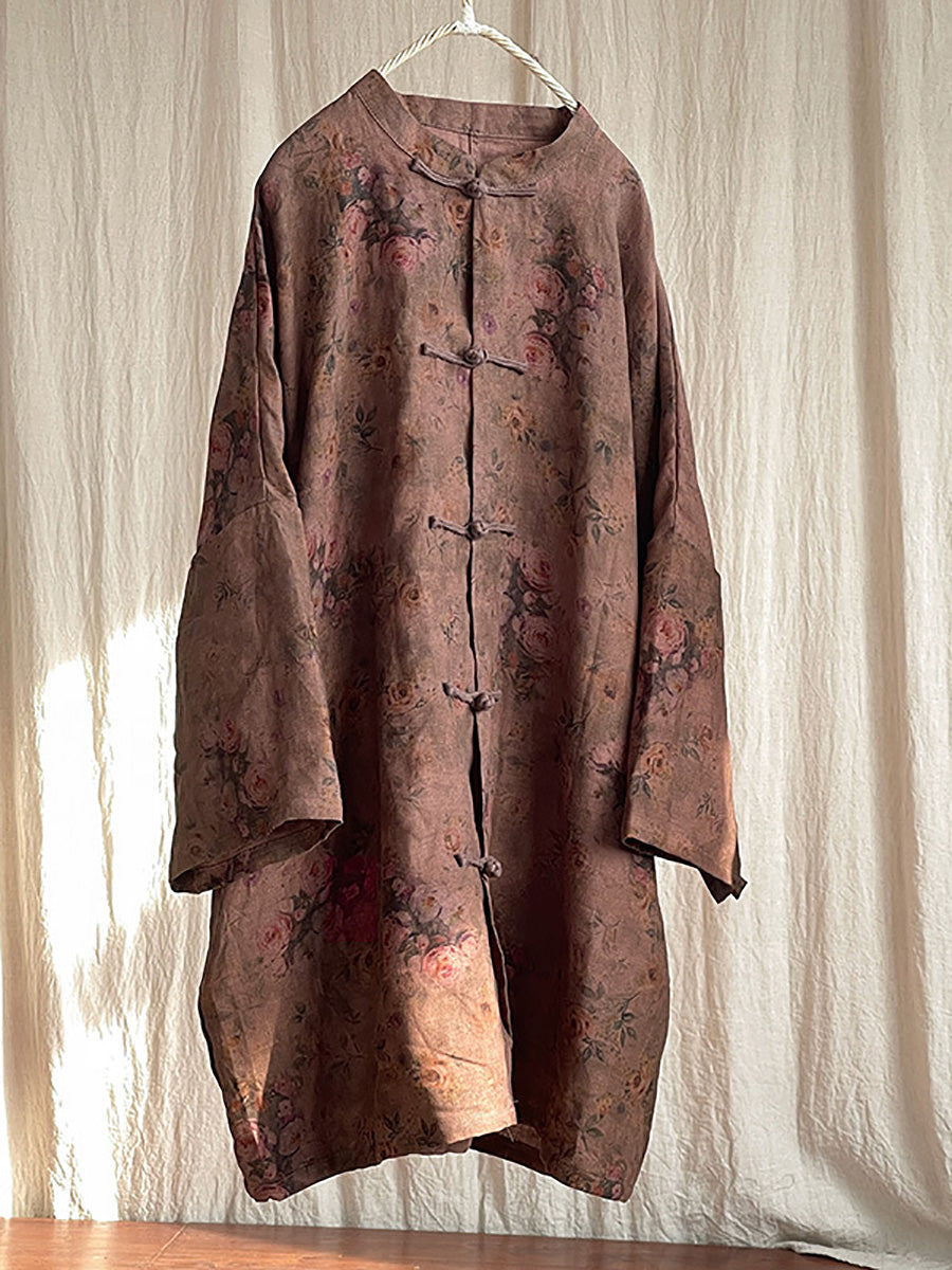 Button Stand Collar Linen Shirt Coat At1087