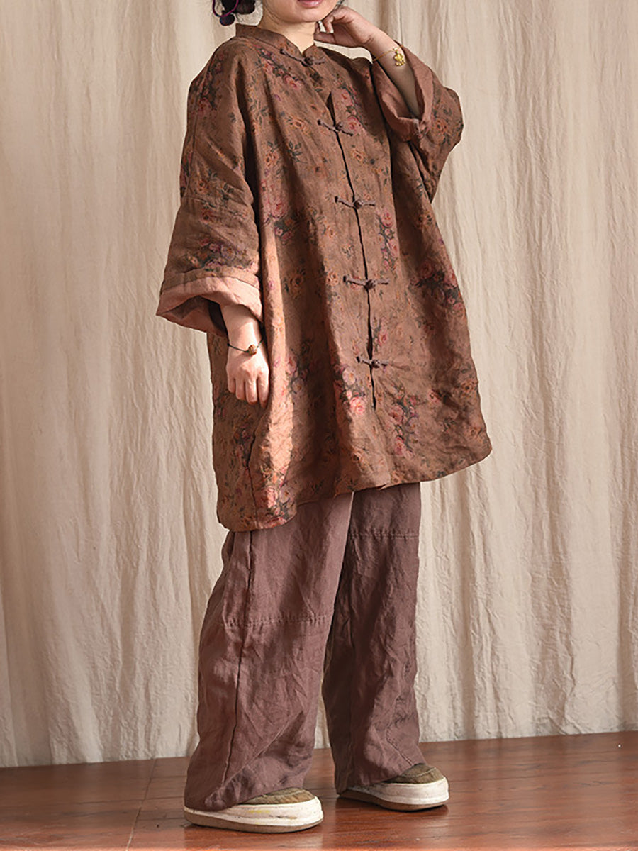 Button Stand Collar Linen Shirt Coat At1087