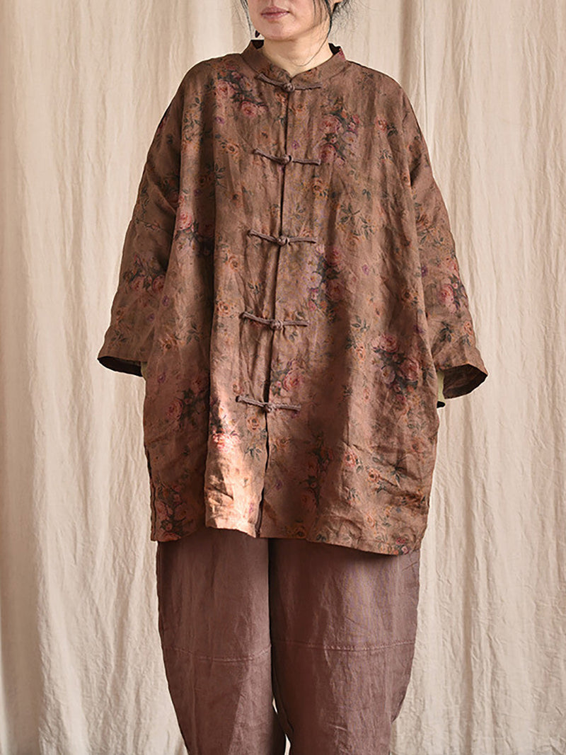 Button Stand Collar Linen Shirt Coat At1087