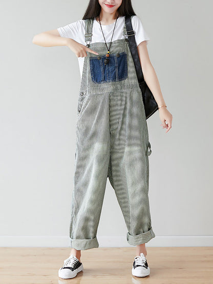 Artsy Stripe Patch Spliced Denim Loose Jumpsuits Ai1079