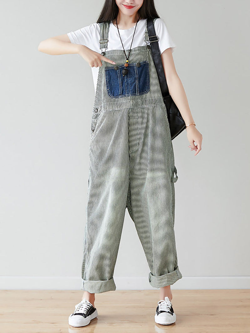 Artsy Stripe Patch Spliced Denim Loose Jumpsuits Ai1079