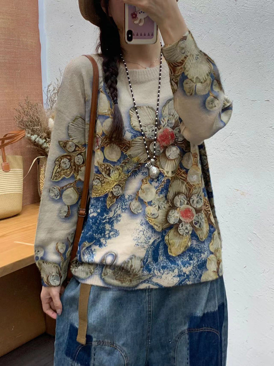 Autumn Print O-neck Knit Sweater At1083