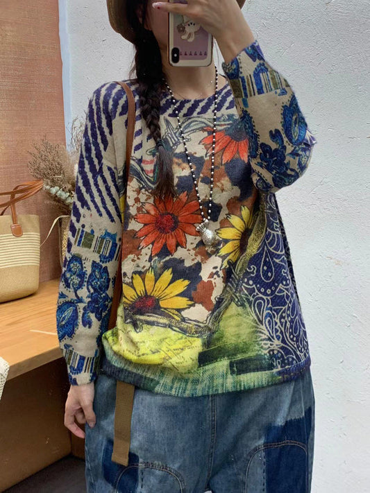 Autumn Print O-neck Knit Sweater At1083