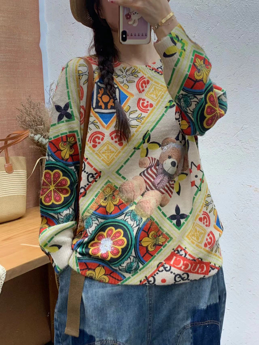 Autumn Print O-neck Knit Sweater At1083