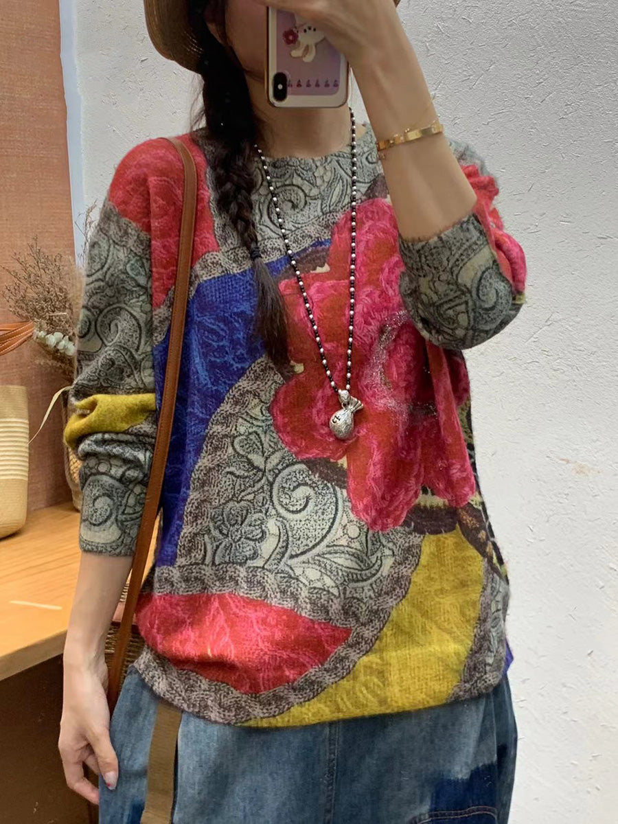 Autumn Print O-neck Knit Sweater At1083